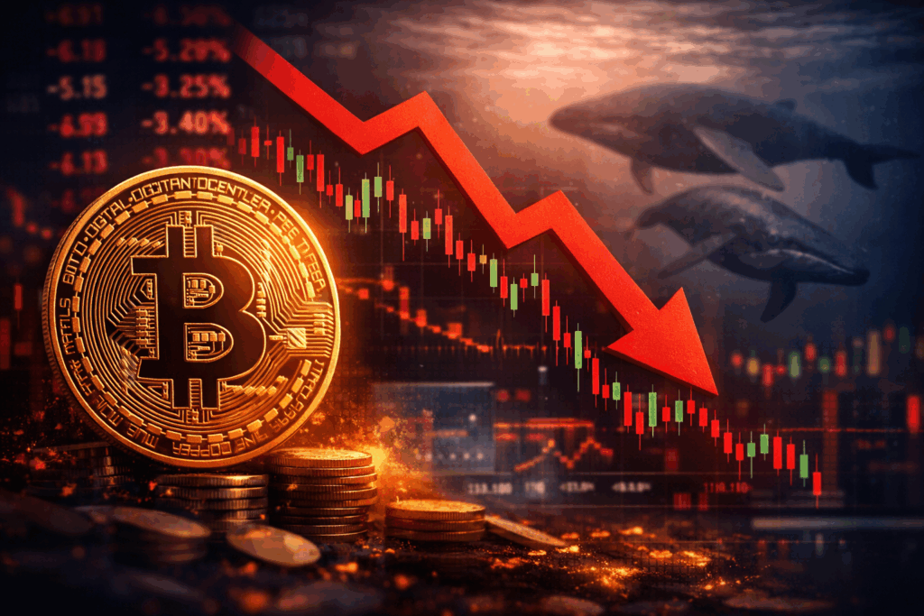Bitcoin cai após movimentação de baleias e pressão técnica